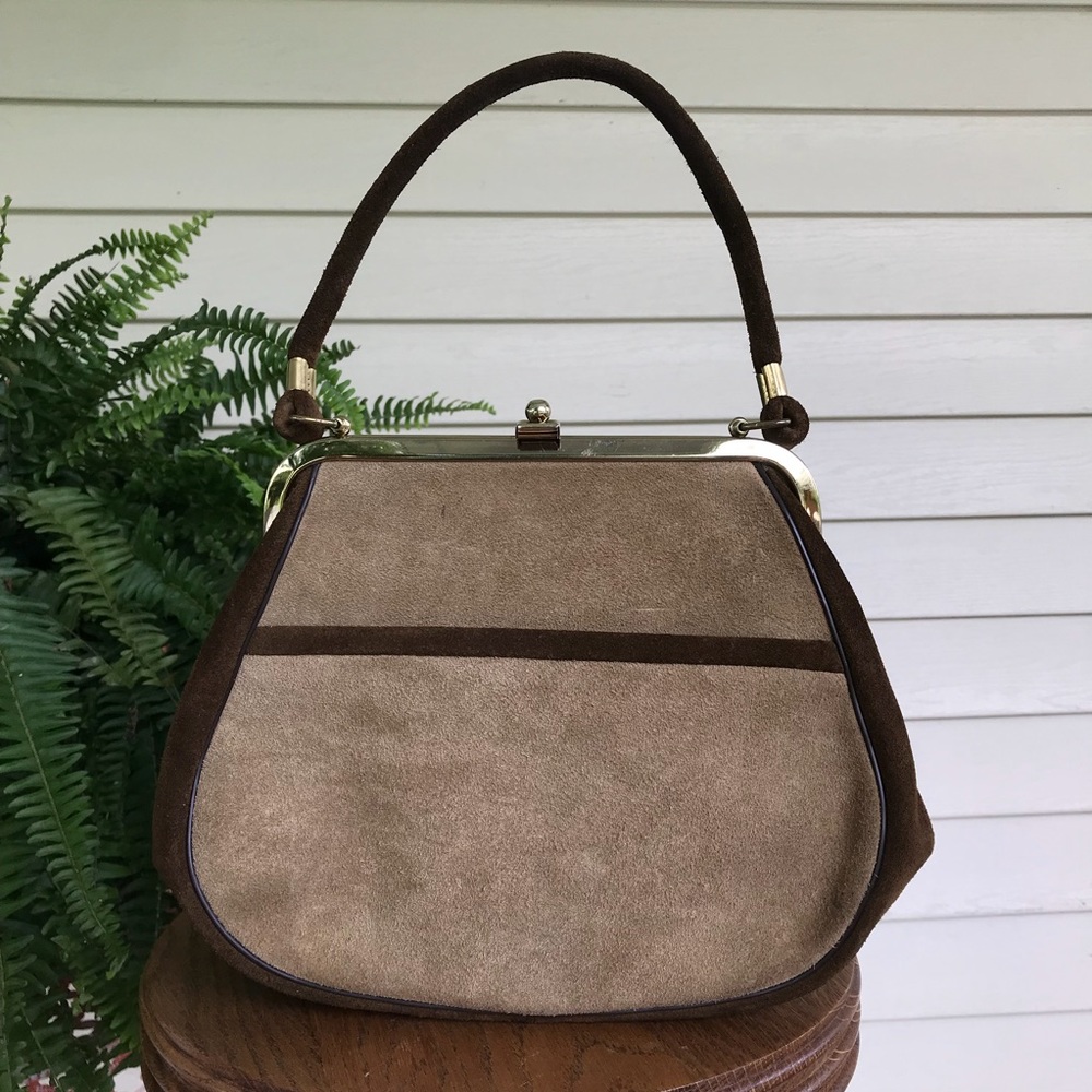 Vintage 1950s Brown Suede Purse with Floral Lining